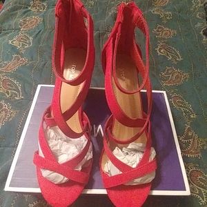 Red open toe sandals with 3 inch heels